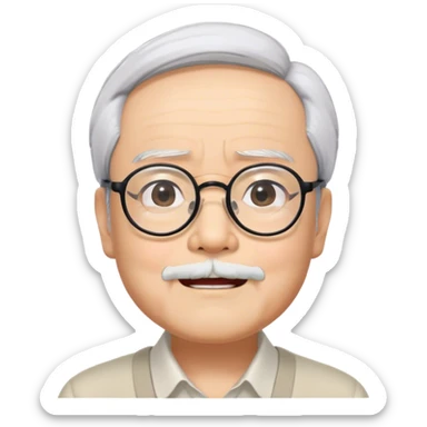 ​Cinematic Realistic Portrait of Hayao Miyazaki, depicted with defined black eyebrows, and large rectangular glasses, his happy expression rendered in lifelike detail, illuminated with soft, realistic lighting that emphasizes his creative genius, sticker