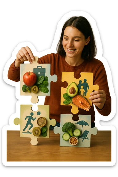realistica cinematic photo a person is surrounded by puzzle pieces, each representing a different aspect of their life (work, exercise, family, leisure), and healthy foods are integrated into each piece. The person assembles the puzzle, creating a complete, personalized nutrition plan. The mood is uplifting and creative. in italiano sticker
