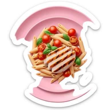 penne with cherry tomatoes and grilled chicken on a pastel pink plate sticker