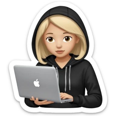 hacker girl with black hoodie and laptop sticker
