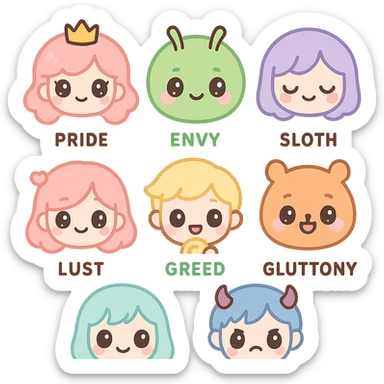 anime style icon set, each representing one of the seven deadly sins, in a cohesive group sticker