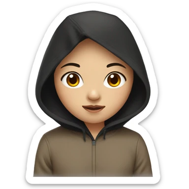asian girl with black hair wearing light brown hoodie with black hood sticker