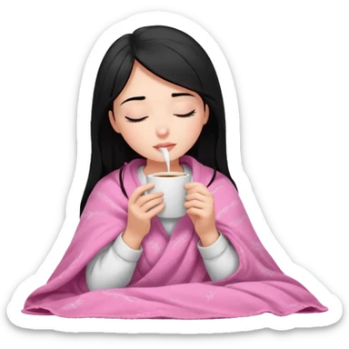 black haired girl inside a pink blanket sipping coffee with eyes closed and lashes sticker