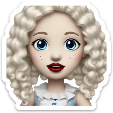 A old creepy porcelain doll with a cracked face￼ blue eye shadow and pink blush and red lipstick sticker