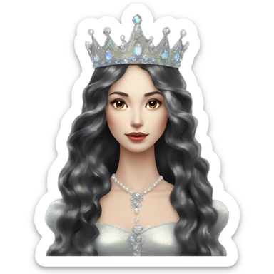 Regal pretty slender woman photograph defined cheekbones high cheekbones crown vintage with very long iridescent black and silver hair wavy long hair pearl crown iridescent sticker