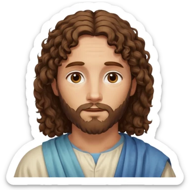 "Jesus with medium curly hair, not long, gentle expression, realistic yet soft digital painting, warm and serene colors." sticker