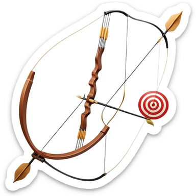 A professional recurve bow with an arrow nocked, ready to be released. The target features concentric rings, placed at a distance. The emphasis is on the bow, arrow, and target, highlighting the precision, focus, and skill involved in competitive archery. sticker