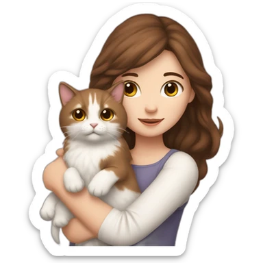 A girl with brown hair with a white fluffy cat in her arms sticker