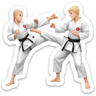 Two karate fighters in traditional gi sparring. One executes a high kick aimed at the opponent’s head, while the other blocks with a strong hand defense. The background features a classic dojo with wooden flooring and banners. Dynamic motion and focused expressions. Transparent background. sticker