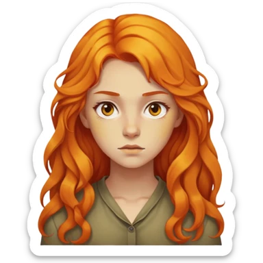 Nữ 20 tuổi, da vàng, tóc dài nhuộm màu cam hơi xoăn nhẹ, mặt nghiêm túc, nửa thân trên sticker