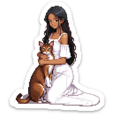 beautiful girl with long black hair in a white dress cuddling an Abyssinian cat with reddish-brown fur sticker