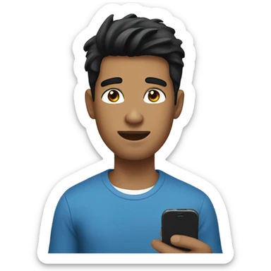 A young man with black hair, wearing a blue top, holding a phone in his hand. sticker