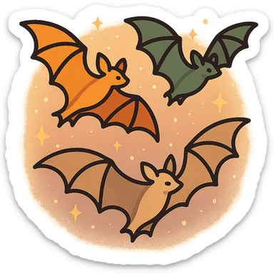 A group of flying bats in mid-air, illustrated in a stylized, artistic way using a warm, earthy color palette: golden orange (FA9B41), deep forest green (4A7C5C), muted taupe brown (96775A), and soft pastel peach (FFCC9A). The bats have sleek wings with subtle color gradients, and their bodies are small and streamlined, featuring elegant silhouettes. The sky around them has a magical, twilight glow with faint sparkles or mist, enhancing the enchanted atmosphere. The overall style is whimsical and soft, with a balance between natural and fantastical elements. sticker