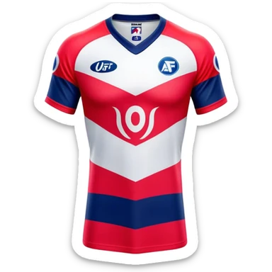 Cinematic Realistic image of an AFL jersey rendered in vibrant team colors with detailed fabric textures and dynamic creases, illuminated by bold, stadium lighting that accentuates its sporty character sticker