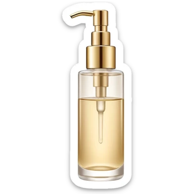 elegant semi-transparent pump bottle filled with pale golden to clear liquid, slightly glossy and lightweight, cylindrical bottle with curved pump top and clean lines, skincare product style, no label, no extras, soft lighting, subtle shadows, emoji scale sticker