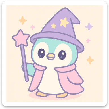 cute cartoon style penguin dressed as a wizard, with a pointy hat and a magic staff sticker