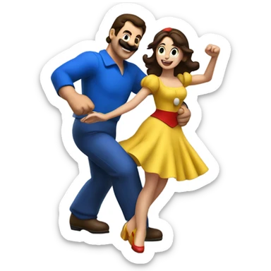 Brunette Woman dancing with a man wearing a giant Mario costume head sticker