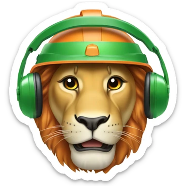 Head of a Lion wearing safety helmet with headset looking front-right in green and orange theme  sticker