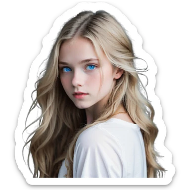 girl with long dirty blond hair, blue eyes, wearing a white top sticker
