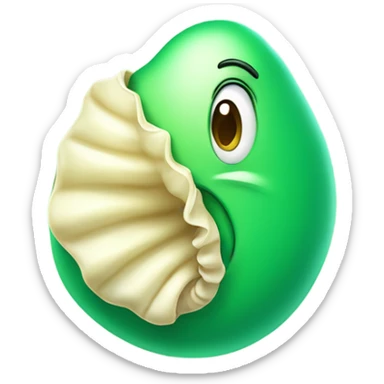 Green blob-shaped cartoon character holding a beige seashell, smiling mischievously on a pastel green background sticker