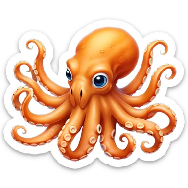 Cinematic Comical smirking Octopus Portrait Emoji, Head tilted dramatically with an exaggeratedly amused expression, featuring a rotund, light orange body festooned with bold blue rings and eight wildly expressive arms with comically animated suckers, Simplified yet hilariously expressive features, highly detailed, glowing with a slightly sassy underwater glow, high shine, dramatic yet playful, stylized with an air of quirky marine mischief, soft glowing outline, capturing the essence of a meme-worthy octopus that looks ready to squirt its way into viral fame! sticker