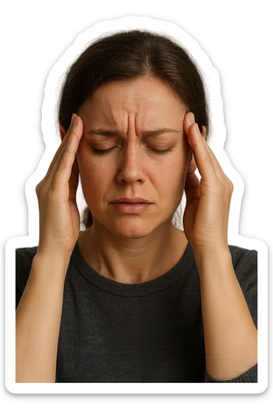 donna con  espressione ansiosa che si tocca le tempie con gli occhi chiusi, iperrealistiche 4k sticker