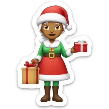 Mrs. claus wearing a red slack holding a gift  sticker