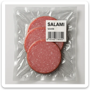 Create an image of pre-sliced salami in clear vacuum-sealed plastic packaging with a visible label. Use studio lighting and a clean background. The product inside should look like the salami in the reference image. sticker
