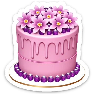 Three layer pink cake adorned with overflowing pink flowers and amethyst crystals  sticker