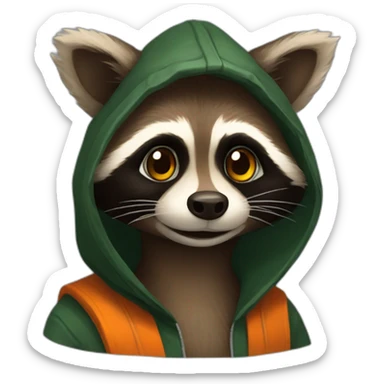 brown raccoon with orange eyes and a dark green hood that smile sticker