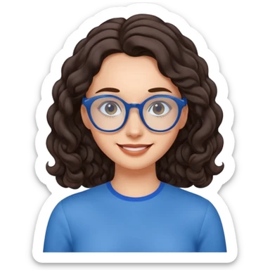 woman with large forehead, long dark brown tightly curled hair, blue glasses, smiling with head tilted sticker