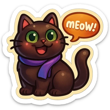 Fluffy cute derpy silly smiling happy funny dark-brown cat with green eyes and a purple scarf saying ‘mEoW~!’ (With a speech bubble) sticker
