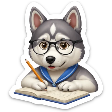 A husky dog with glasses is writing something sticker
