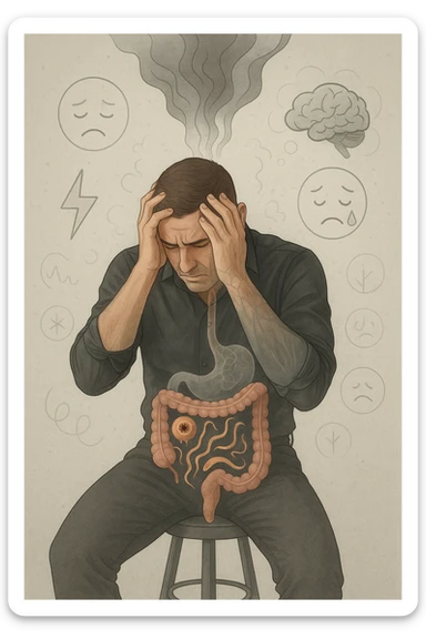 a person sits with a troubled expression, holding their head in their hands. A transparent overlay on their body reveals stylized images of parasites in the digestive tract, while faint, shadowy tendrils extend upward toward the brain, symbolizing the psychological impact. The background is clinical and educational, with subtle icons representing both physical and mental symptoms. sticker