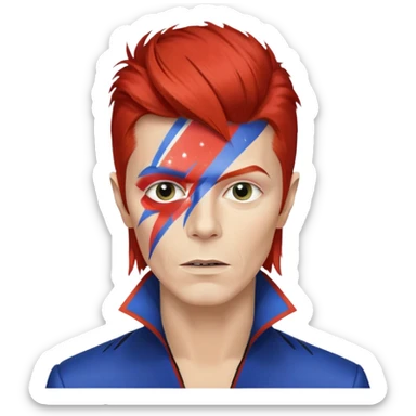 A male rockstar wearing Ebay brand colours and David Bowie face paint sticker