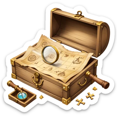 An icon depicting a treasure map with an open chest, surrounded by clues and mysterious symbols. A magnifying glass hovers over the map, symbolizing the thrill of discovery and adventure. Set on a transparent background, it should evoke the excitement of solving puzzles and exploring new worlds. sticker