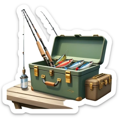 Icon for Fishing: a boat on the shore of a peaceful water body with a beautiful natural landscape, a fishing tackle box, a spinning rod. The icon should capture the tranquility and gear of a fishing adventure. Without frame. Transparent background. sticker