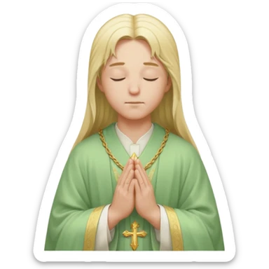a young bishop, long blonde hair, light green wide, flowing outer robe. hands clasped together, eyes closed. Soft light, subtle fern. Waist-up, profile. sticker