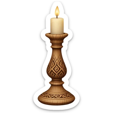 A short wooden candlestick carved with simple rustic patterns. sticker