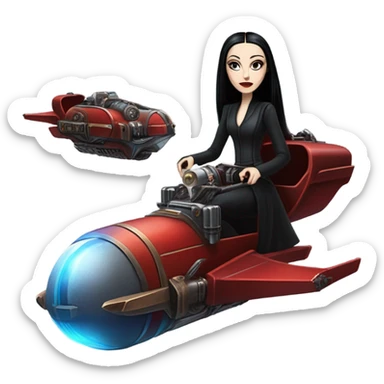 Jedi teen Morticia Addams flying a red and blue Jumpspeeder anti-gravity repulsorlift powered by an imperial speeder steampunk  sticker