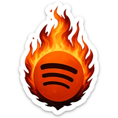 Spotify logo on fire, inspired by flambéed France logo, dramatic flames, bold and dynamic, design asset sticker