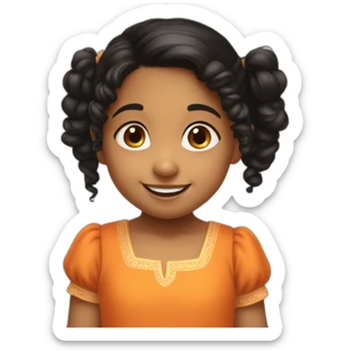 smiling and pointing 3 years old indian girl with black curly hair in pigtails wearing a orange dress sticker