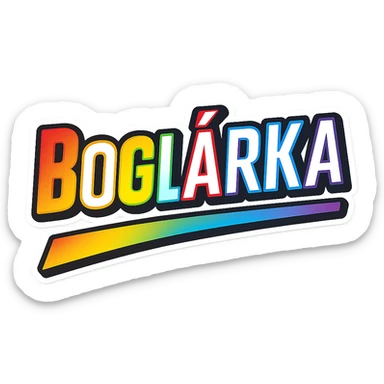 The name 'Boglárka' in modern, precise Hungarian letters with a rainbow gradient fill, extra thick white outline, dark contour, transparent background, dynamic and slanted underline, in the style of the sample images. sticker