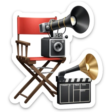 Icon for Directing: a director's chair, a film clapperboard, large movie camera, vintage megaphone and a stage with a spotlight. The icon should represent the creative and organizational aspects of directing, with focus on storytelling, staging, and performance. Transparent background. sticker