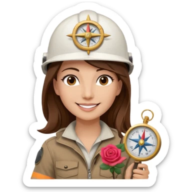 Arquitecta ojos marrones oscuros pestañas pelo marron por los hombros sonrie casco blanco compás y rosa sticker