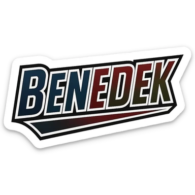 Benedek name in masculine, modern gradient font with precise Hungarian characters, dark contour, extra wide and prominent white letter frame as in reference images, dynamic slanted underline, masculine color shades (blue, gray, burgundy, green, brown), 1000x1000 px, PNG, transparent background sticker