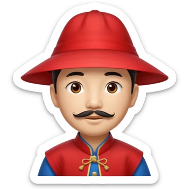 An Asian boy, with little straight mustache and a little beard wearing a traditional triangle Chinese hat sticker