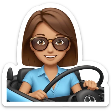 Brown hair woman driving car. Happy face sticker