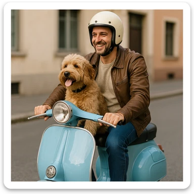 man and his pet dog riding a vespa sticker