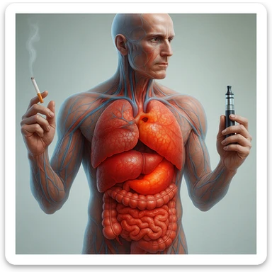 Medical illustration, hyperrealistic 4K, realistic anatomical human body, inflamed liver and intestine highlighted, holding a lit normal cigarette in the right hand and an electronic cigarette in the left hand, clear background, extremely detailed, same lighting and style as the reference image. sticker
